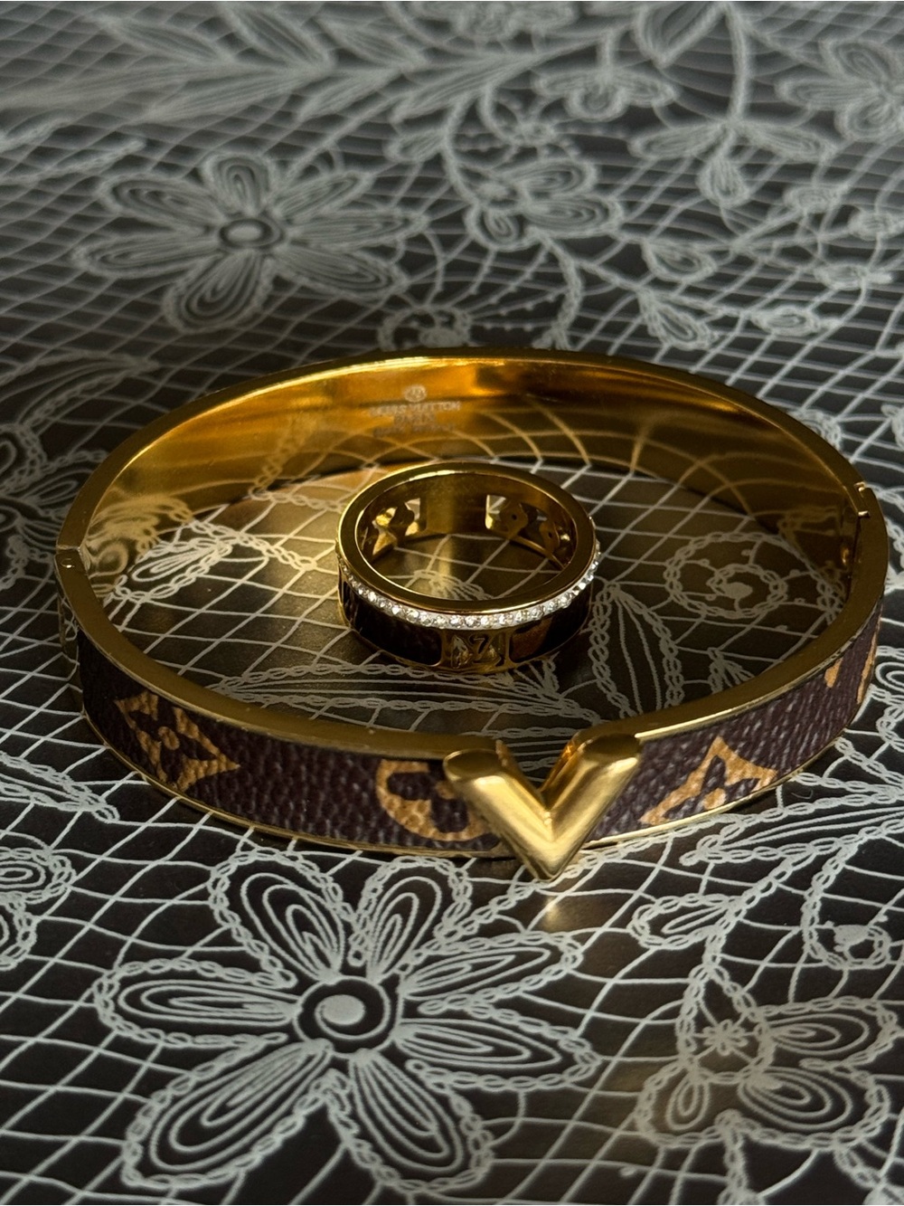Monogram V-Accent Gold Bangle with Matching Monogram Ring